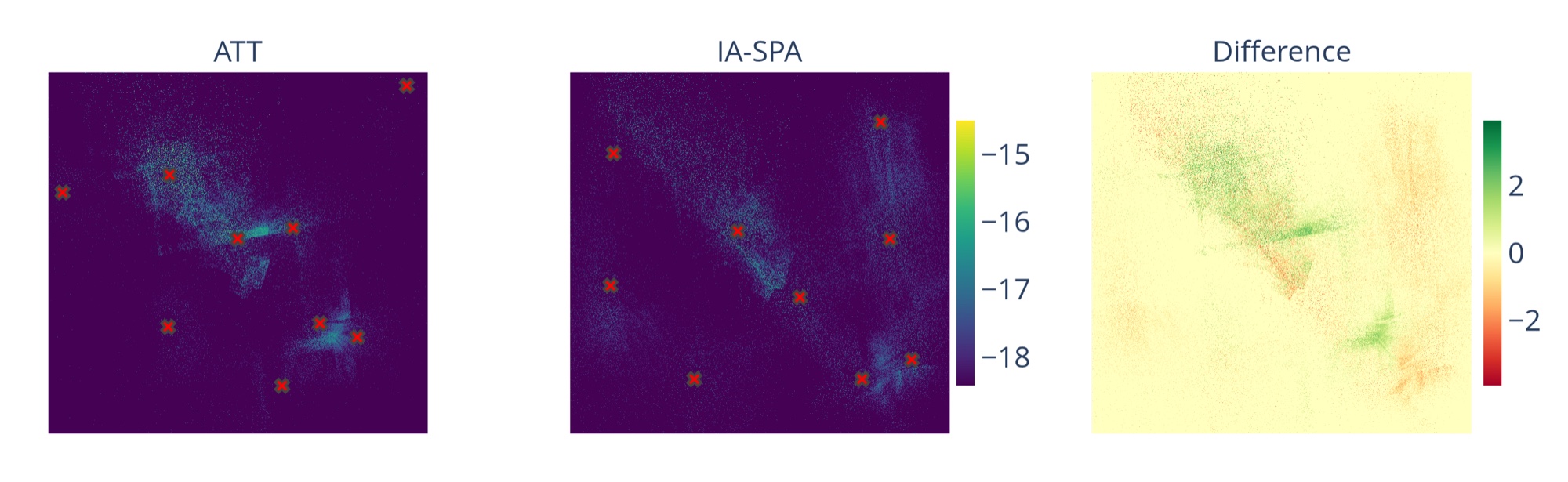 Interference maps in San Francisco for the AT&T deployment, the IA-SPA deployment, and their difference