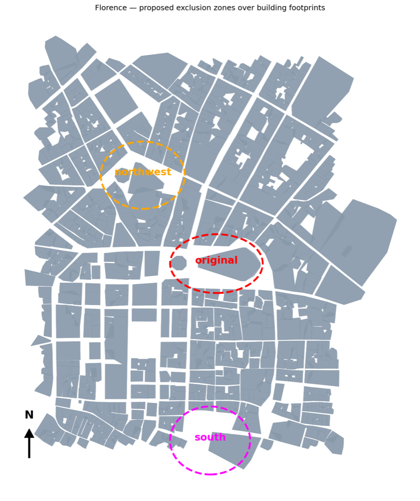Florence building footprints with the three exclusion zones