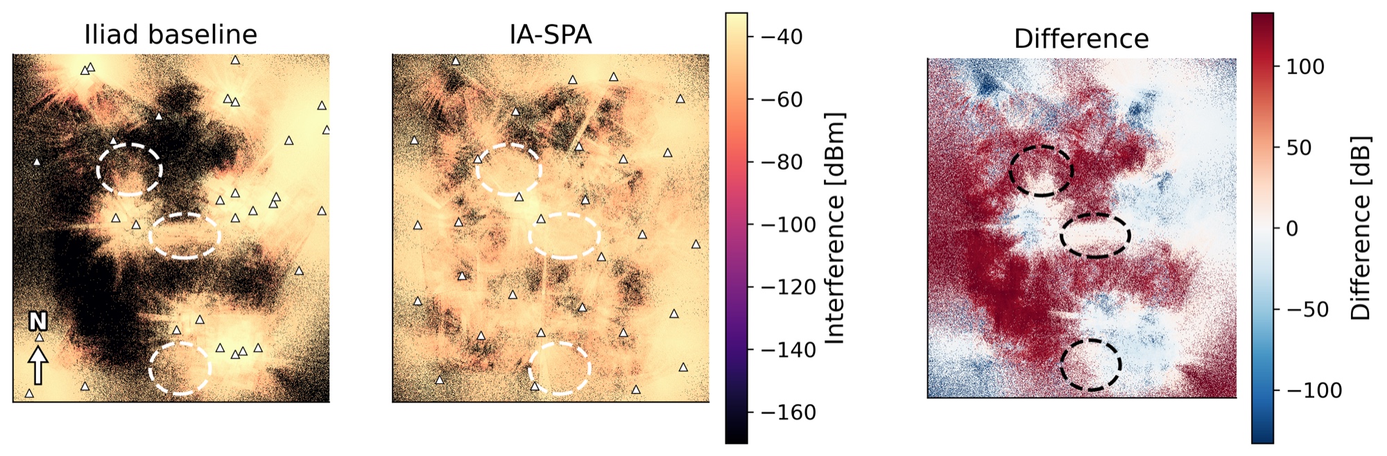 Interference maps in Florence with three exclusion zones for the Iliad deployment, the IA-SPA deployment, and their difference