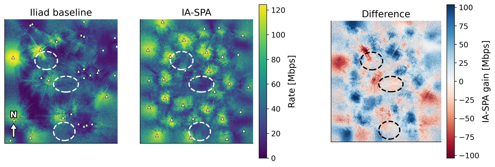 Data rate maps in Florence with three exclusion zones for the Iliad deployment, the IA-SPA deployment, and their difference