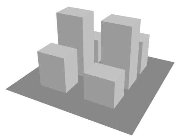 Toy urban scene with six buildings, 3D view